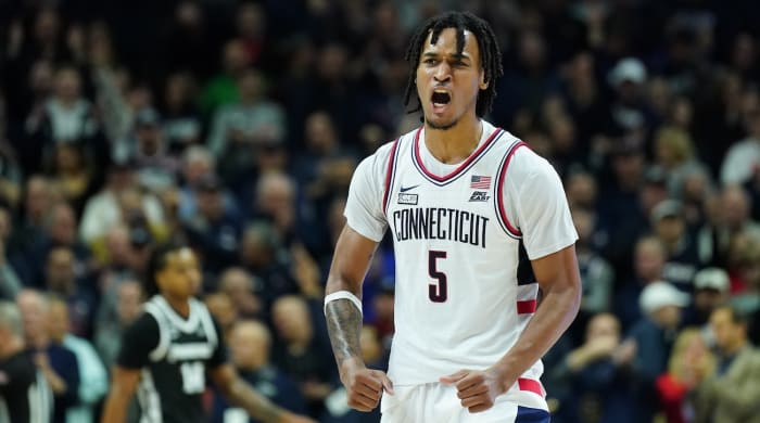 Stephon Castle reacts after his three-point basket against Providence.